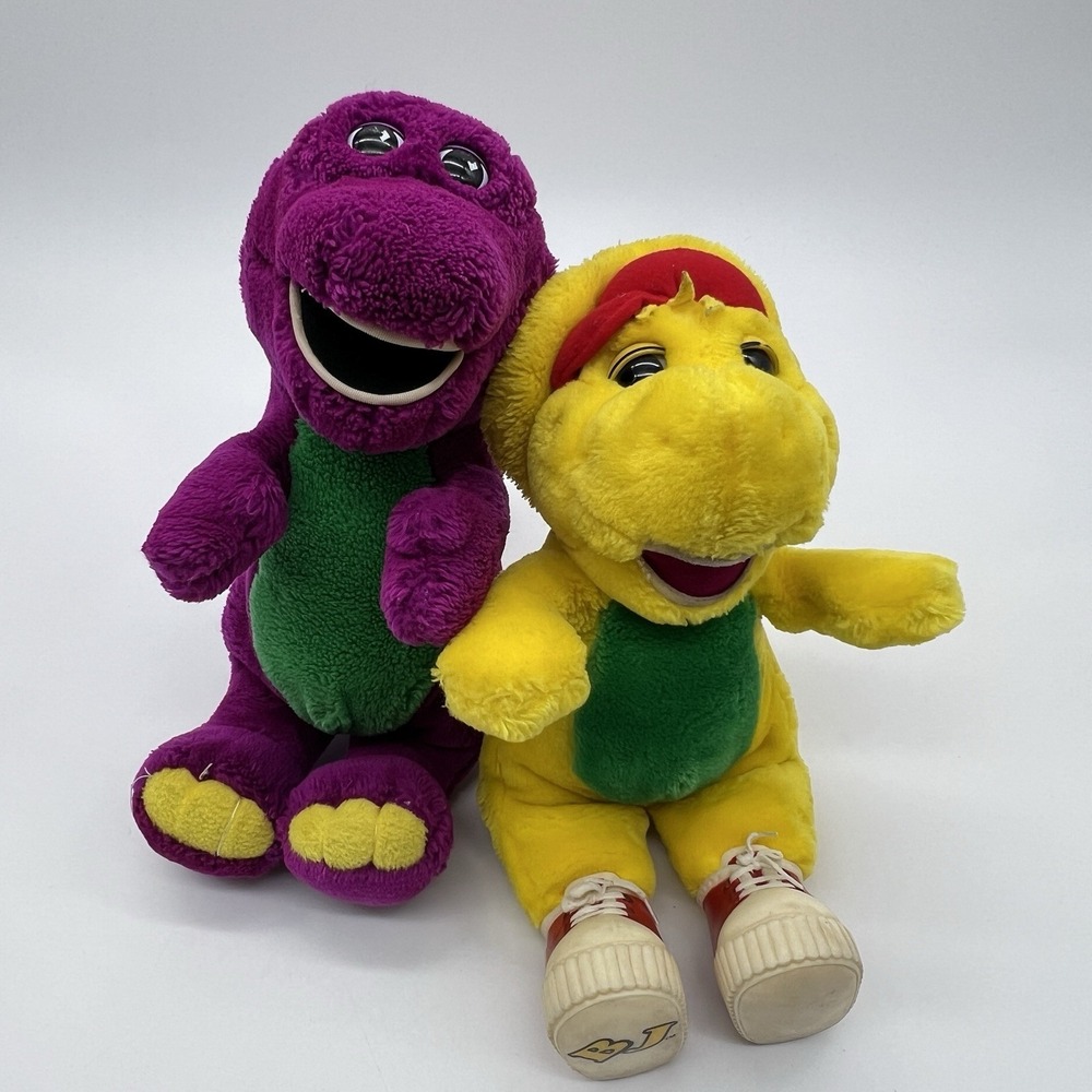 Vintage 90s Lyons Barney and Friends 12" Plush Barney, BJ - Lot of 2